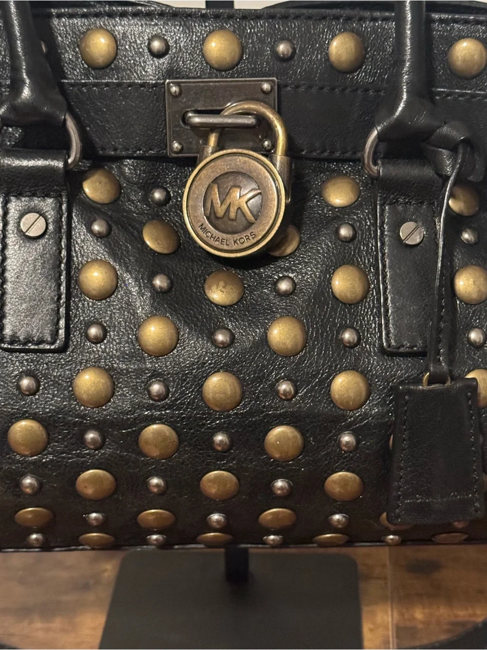 Michael Kors Black Leather Studded Satchel with Gold Accents